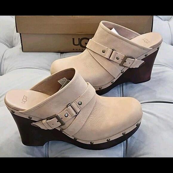 UGG Shoes - UGG Natalee Beige Leather Buckle Slip On Studded Platform Mules Womens Shoes 11